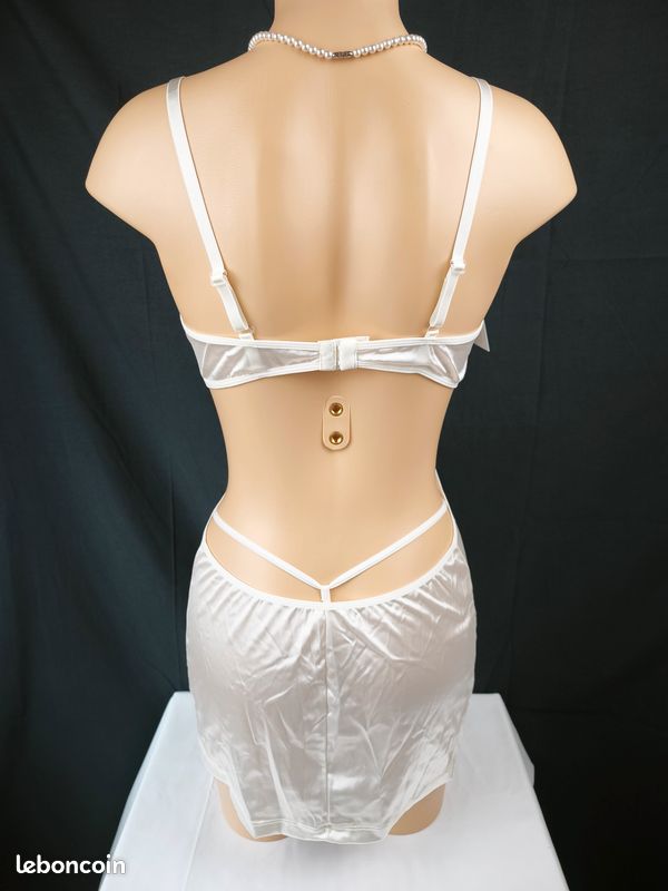 Nuisette satinée chic & raffinée + String assorti – Blanc Nacré & Rose Poudré – Neuf - Tailles S/M 36-38 et L/XL 40-42 (image 4)