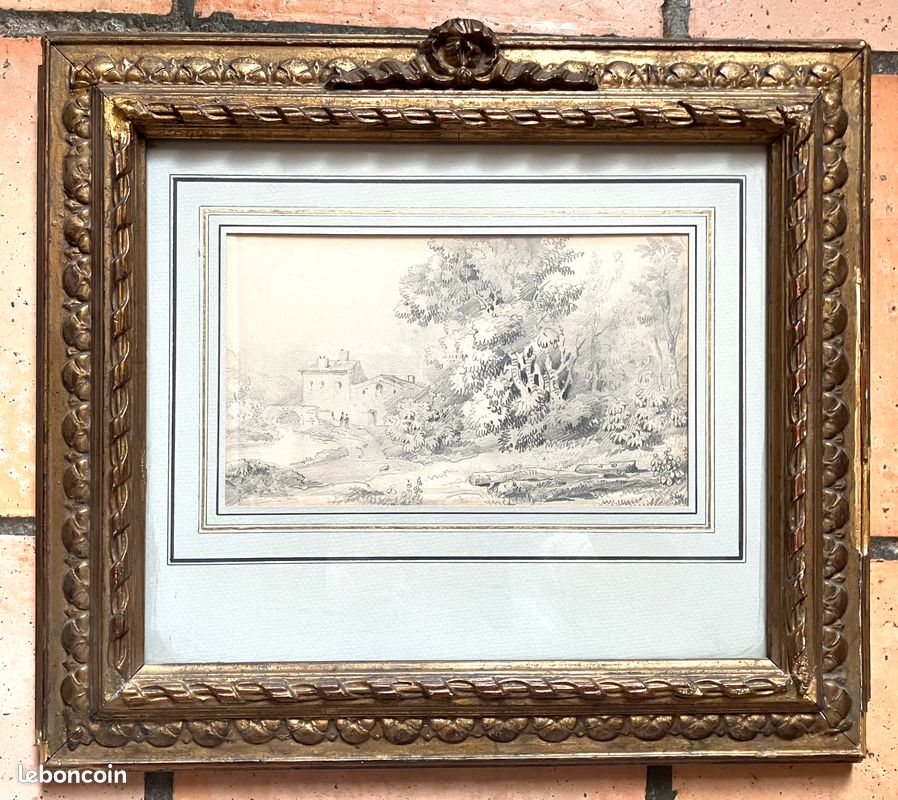 Dessin original 19ᵉ siècle – Maison rivière & grands arbres – Encadrement ancien (image 1)