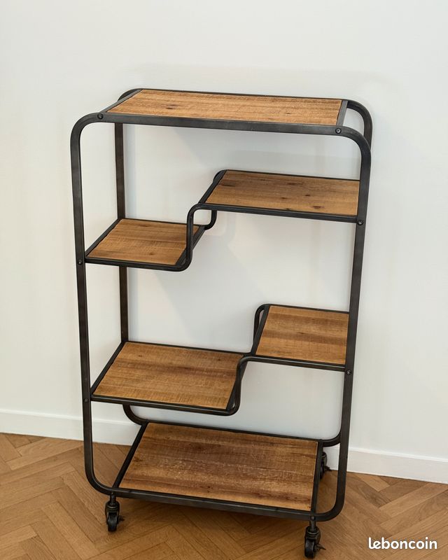 Etagère industriel asymétrique bois métal roulette (image 3)