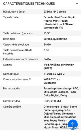 Tablette iPad Air 5e génération 5