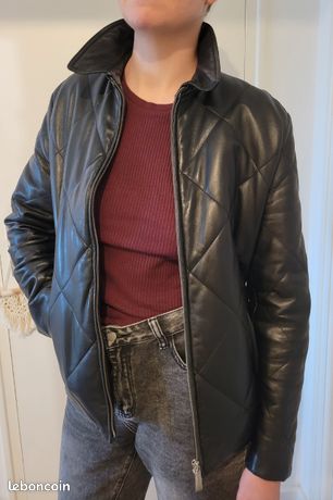 Veste En Cuir Vintage Années 90 - Marque Brigitte Z, Taille M, Noir, Occasion Très Bon état