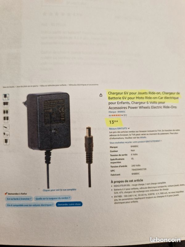 Chargeur 6V Pour Jouets Ride-on - Compatible Power Wheels Et Véhicules Électriques Enfants