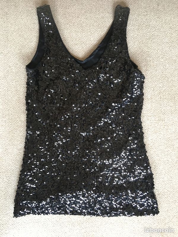 Top débardeur noir brillant à sequins (paillettes) MANER - taille 1 - col V pour fêtes, soirées, cérémonies... (image 2)