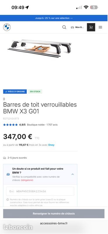 Barres de toit BMW d’origine X3 G01 2017/2024 (image 1)