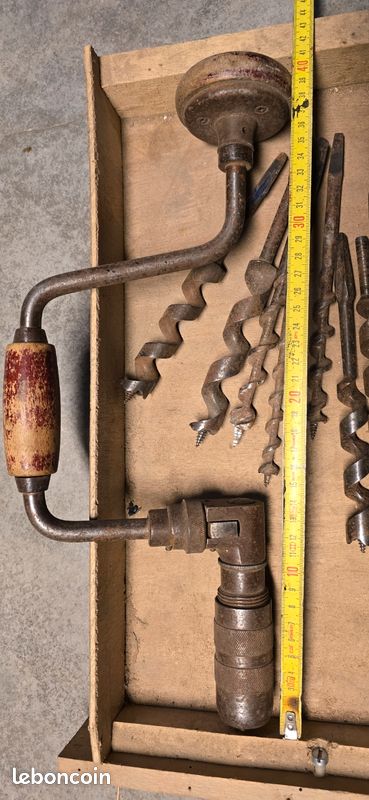 Ancienne chignole perceuse manuelle vilebrequin à cliquet + 3 mèches - Bricolage