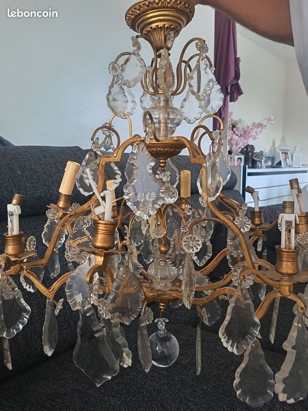 Ancien Lustre 3 Bras En Laiton Doré – Vintage, Fonctionnement OK