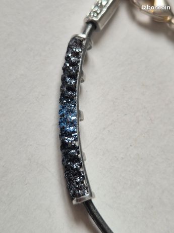 Bracelet Rigide Manchette Vintage Signé Kmo Jewel - Noir, Métal Argenté Avec Brillants