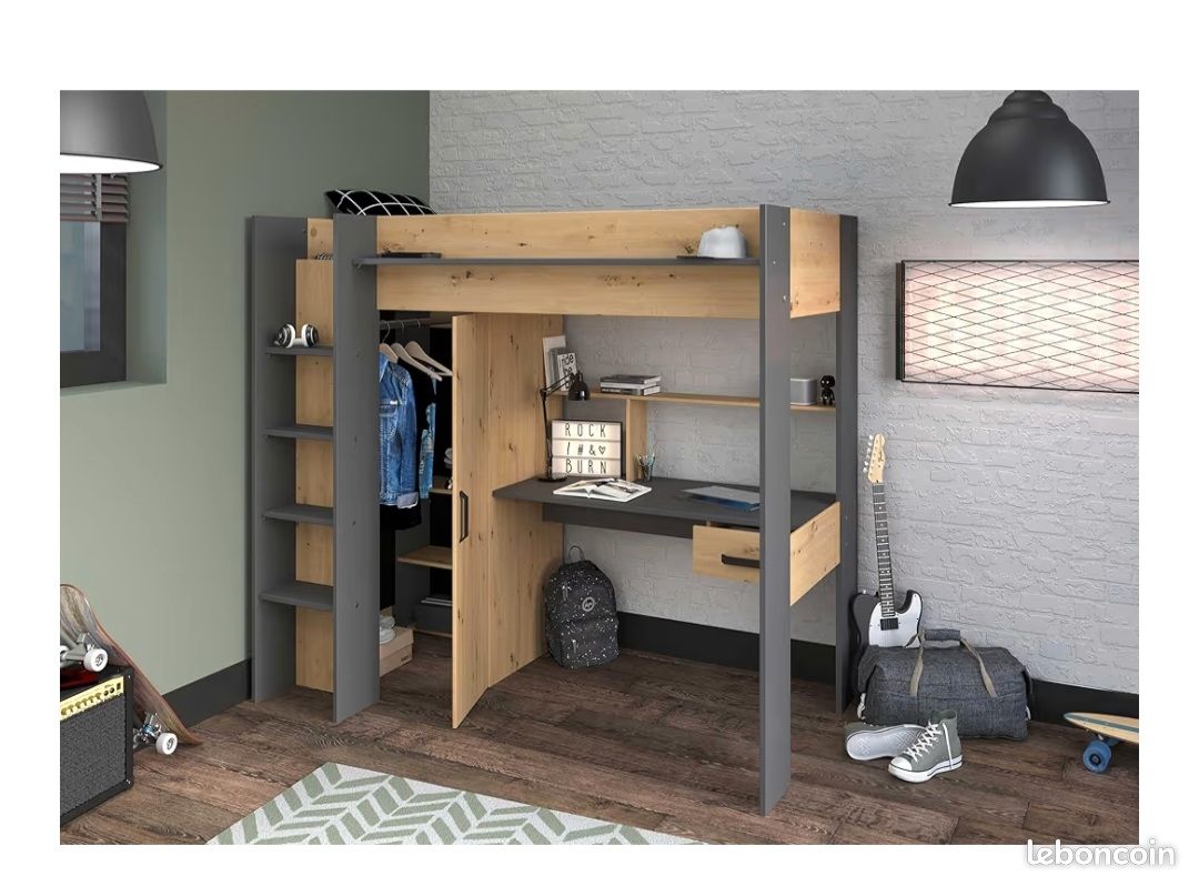 🛏️ Lit mezzanine 90x200 avec bureau & placard sans matelas (image 10)