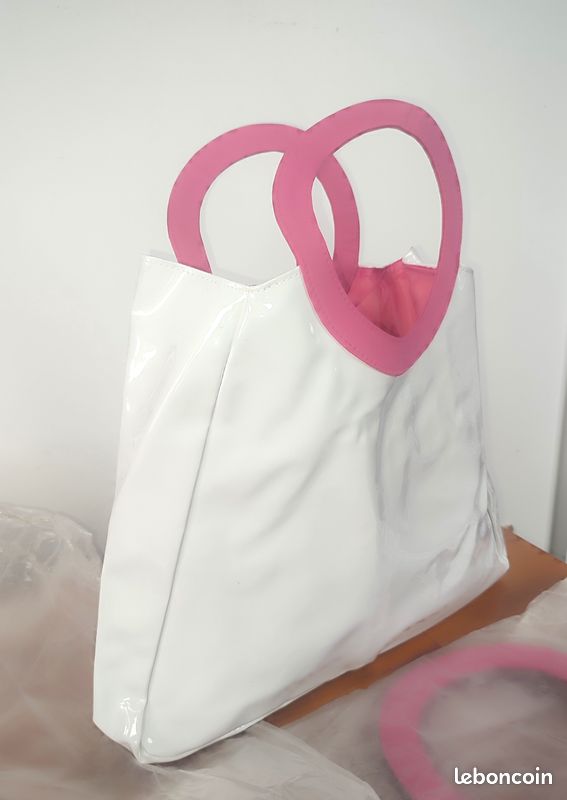 Sac Cabas Plage Lolita Lempicka - Rayures Blanc & Mauve - Intérieur Vert Anis - Neuf 48x27x20 Cm