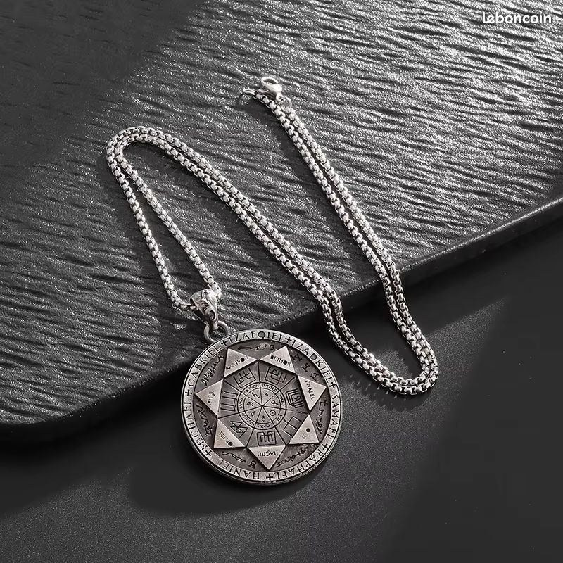 Collier Pendentif Talisman Protection – Sceau Pour Bons Esprits Et Chance – Argent, Cordon Réglable