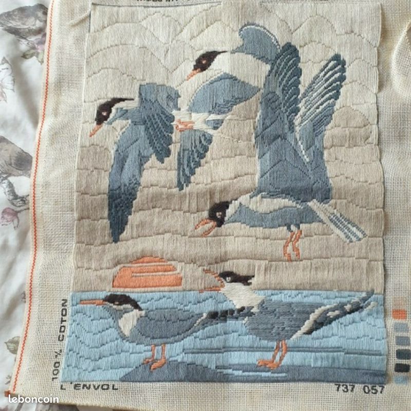 Cadre Canevas Vintage Mer & Oiseaux Marins, Bleu Azur, Laine, Années 50