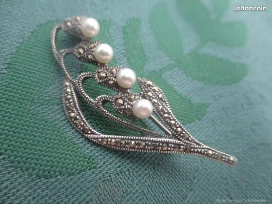 Broche Vintage Art Déco En Argent 925 Avec Marcassites - 60x35mm