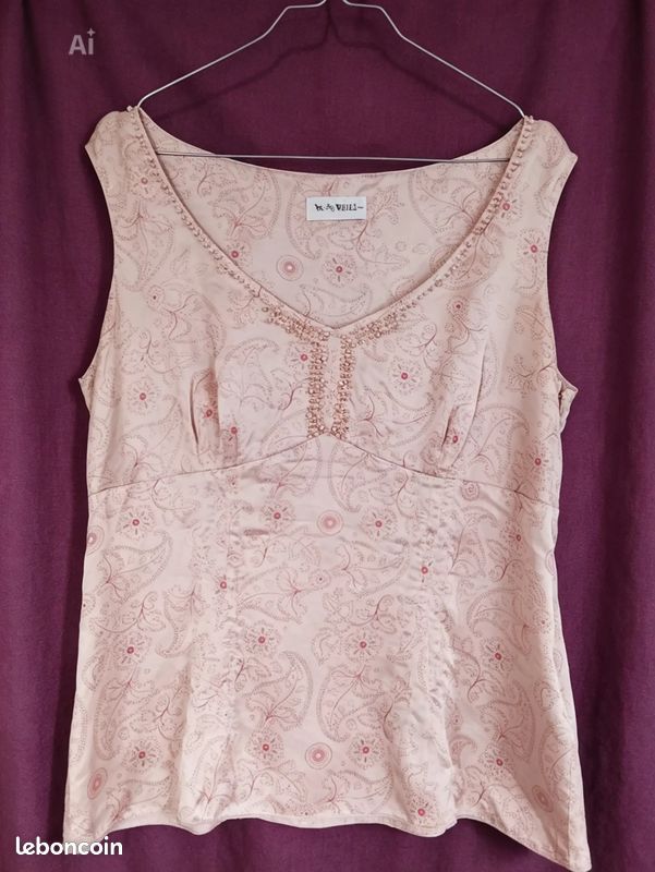 Débardeur sans manche en Soie véritable col brodé de perles & imprimé cachemire beige/rose poudré -WEILL Paris - T44 - Excellent État (image 1)