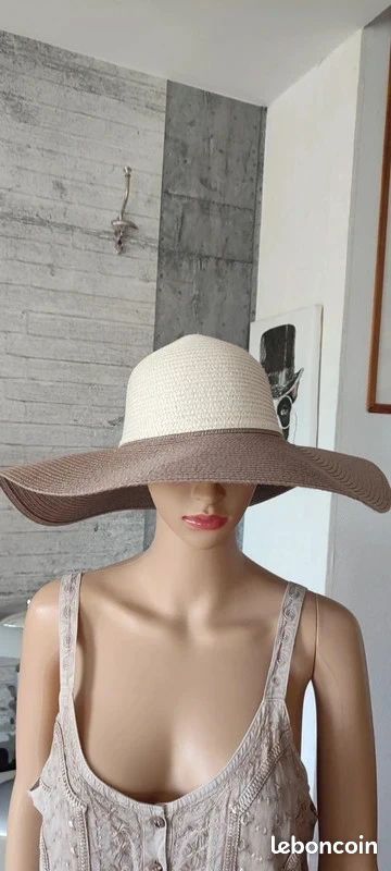 Grand Chapeau D'été Femme - Coton Beige Et Blanc, Tailles L/XL, Neuf