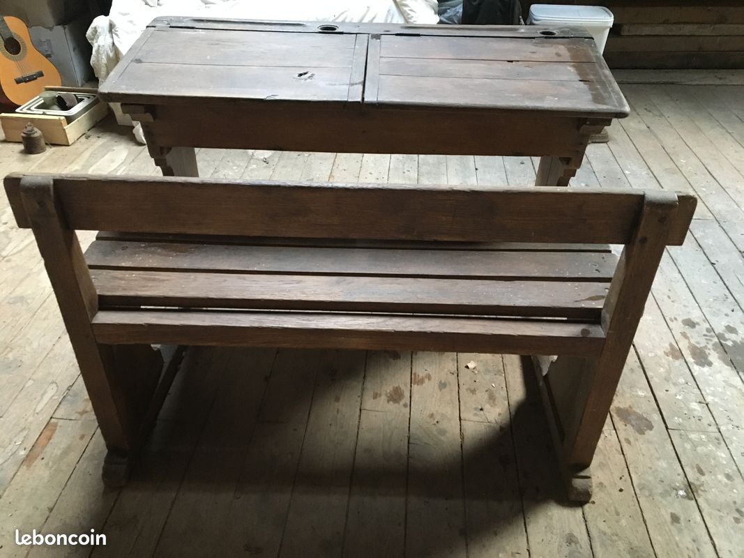 Ancien double pupitre/bureau d'écolier, en bois (image 3)