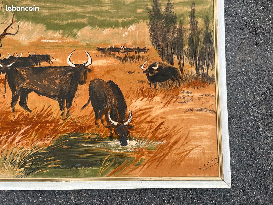 Grand tableau ancien signé K. Chamby - Scène de taureaux / manade en Camargue (image 6)