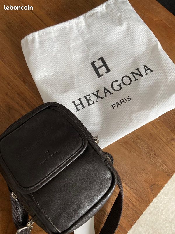 Sacoche Bandoulière Hexagona Noir - Cuir, Dimensions 19x18x7.5 Cm, Neuve Avec étiquettes
