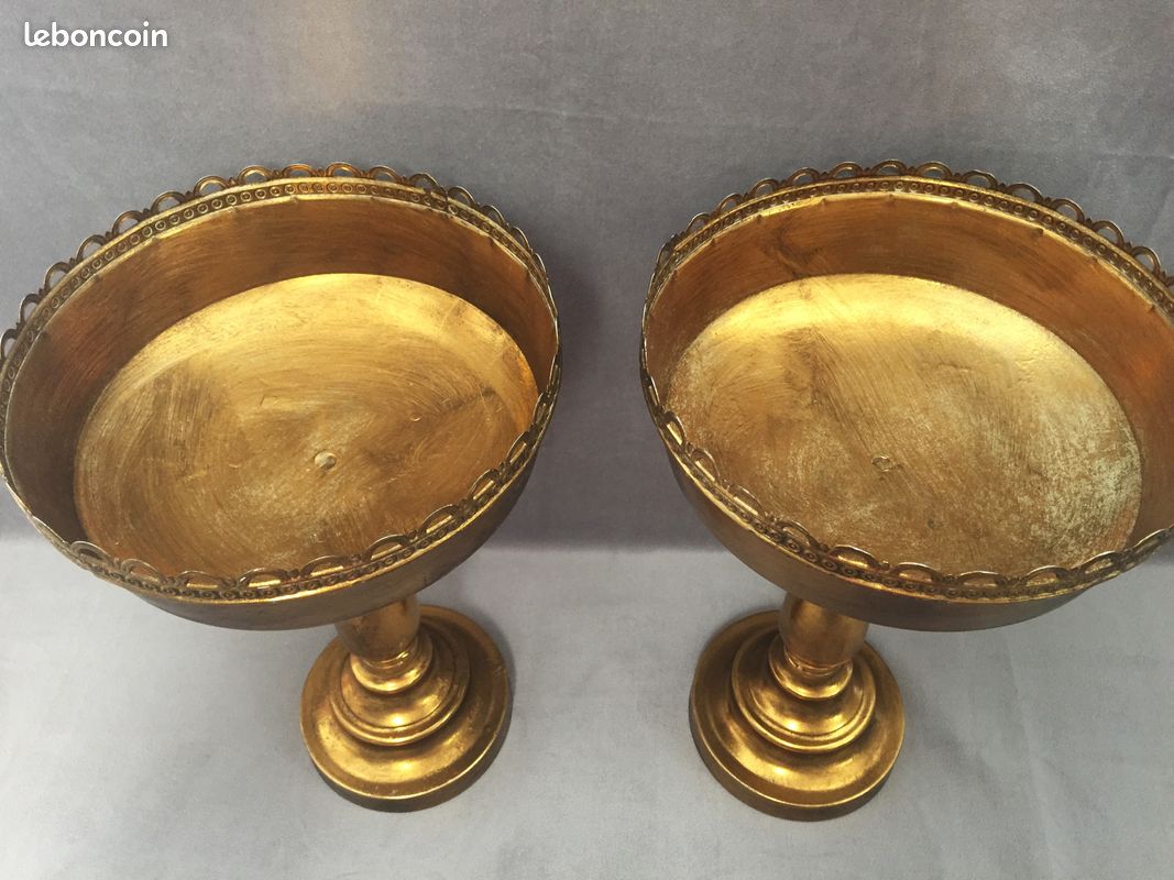 Paire de Grandes Coupes Cassolettes sur Pieds Centre de Table Métal Doré (image 7)