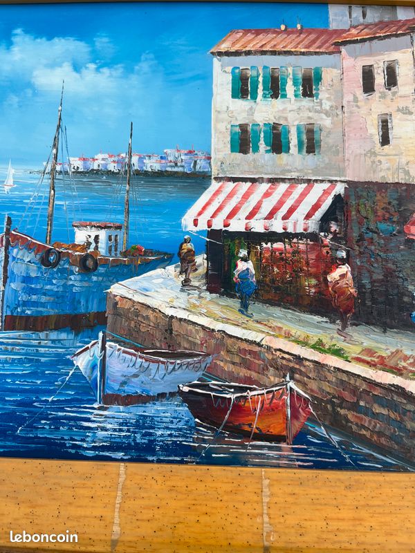 Tableau ancien encadré - Scène de port méditerranéen / Signé K. Wallis (image 5)