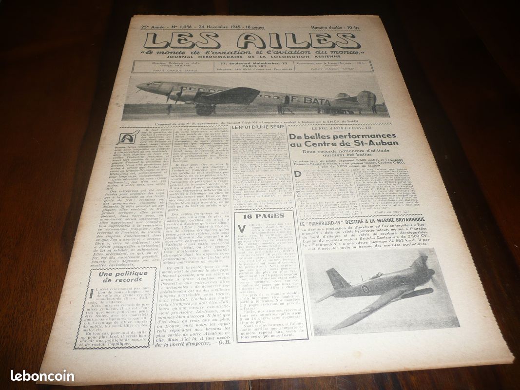 REVUE LES AILES AVIATION AVION LOCOMOTION AERIENNE N° 1036 du 24 NOVEMBRE 1945 (image 1)