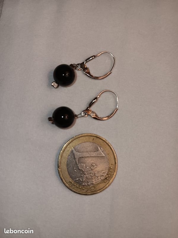 Boucles D'Oreilles Pendantes Argent 925 - Perles Onyx Facettées, Fermoir Dormeuse - Neuf Sans Emballage