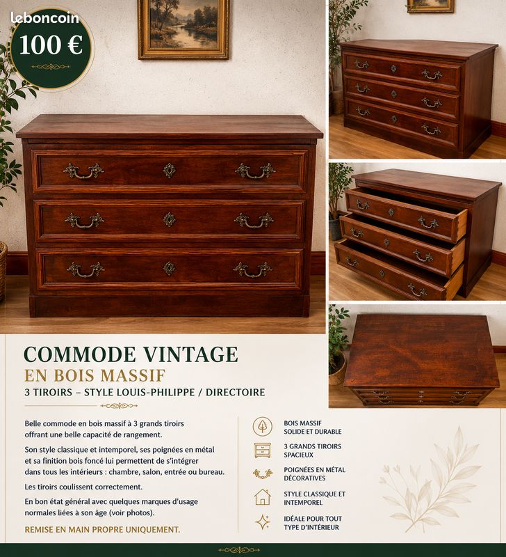 Commode vintage en bois massif 3 tiroirs – Style Louis-Philippe / Directoire (image 1)