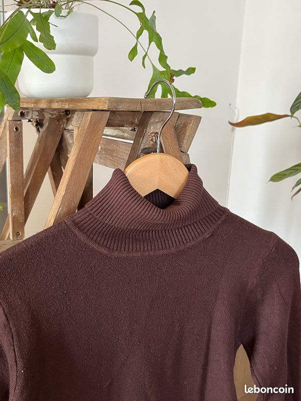 Pull col roulé pull-over vintage marron bordeaux doux extensible