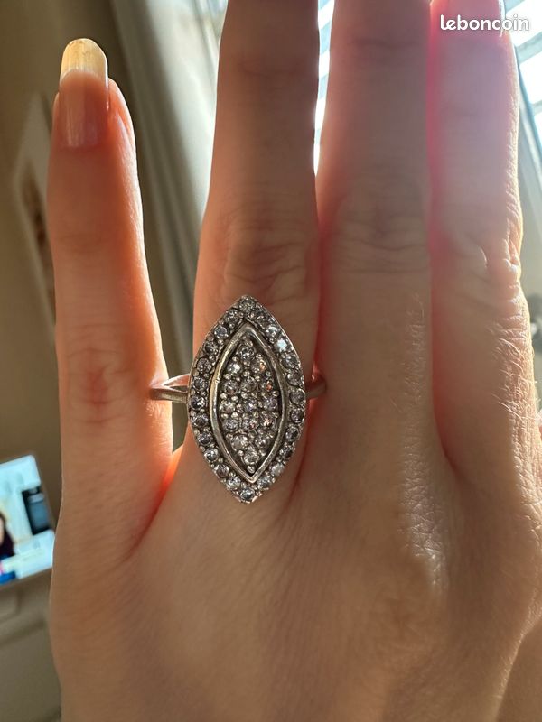 Bague Cocktail Fleur Argent 925 Avec Diamant Marquise Et Baguette (créé En Labo) – Blanc, Taille 7