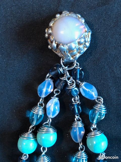 Magnifiques boucles d'oreilles en perles de verre turquoise, vintage, années 90 (image 6)