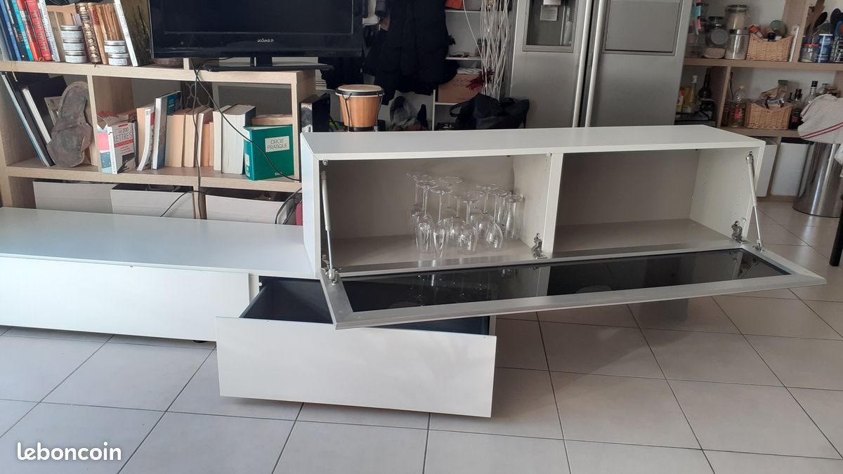 Meuble télé B.O 2 éléments blanc et vitre teintée (image 1)