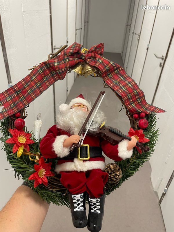 Ornement De Noël Ancien : Père Noël Canne Chromo En Métal Repoussé
