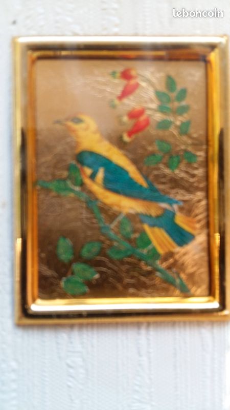 Tableau Miniature Oiseau Sur Feuille D'or - Avec Cadre Et Chevalet Bois - 13x16,5 Cm