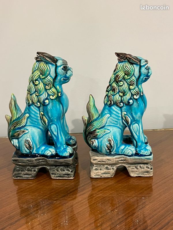2 figurines de chien FOO japonaises années 50 en céramique bleue et verte (image 4)