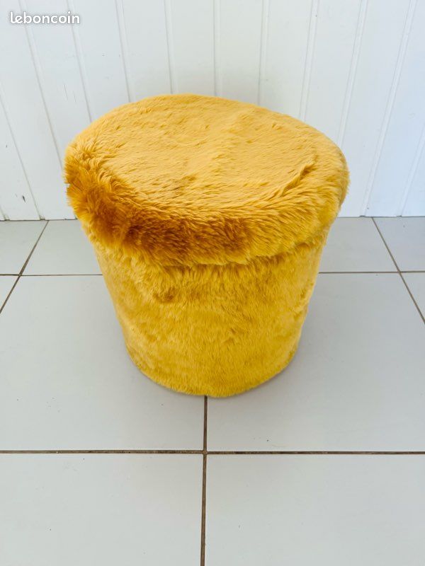 Pouf Fourrure Jaune Pelfran Vintage Années 70 France (image 7)