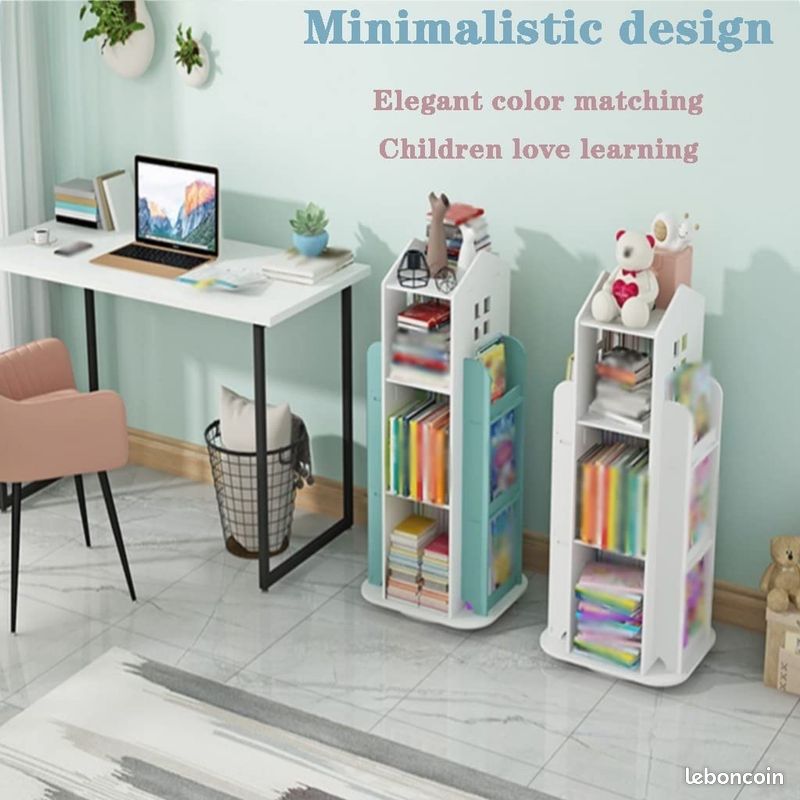 Bibliothèque Enfant Rotative 360° avec Roulettes – Rangement Livres & Jouets – Forme Maison - Blanc - PUE117-40 (image 2)