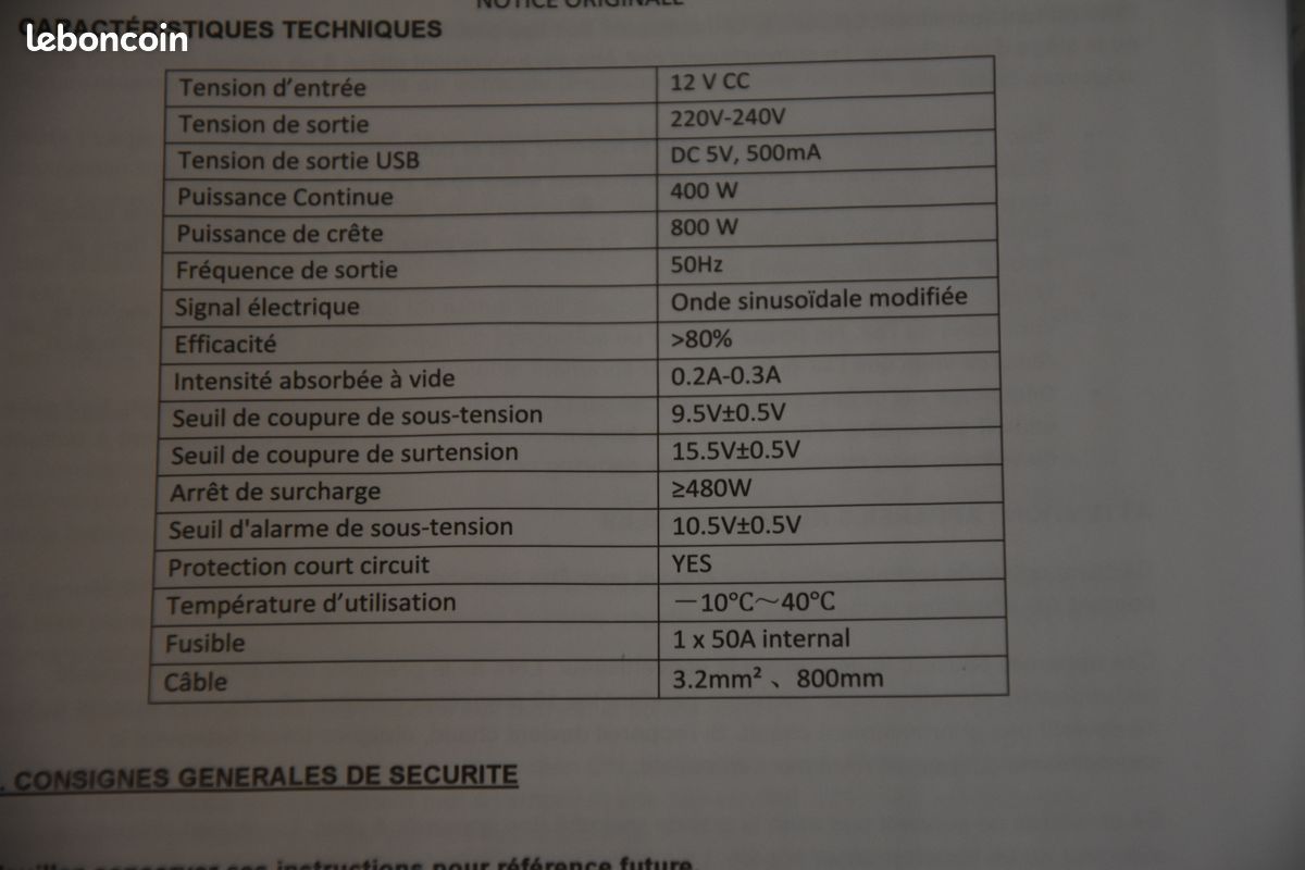 CONVERTISSEUR INVERTER 12V/220V 400Watts (image 10)