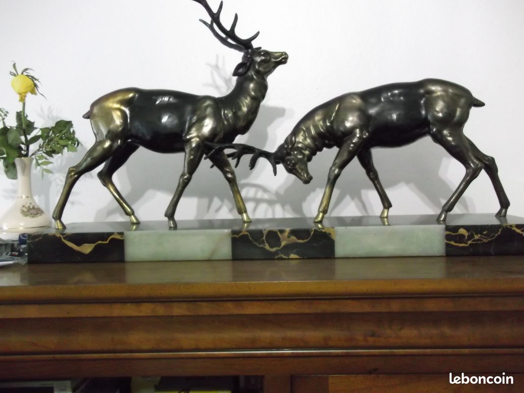 Sculpture Cerfs Sur Marbre – Statue Décorative Ancienne – Sans Marque