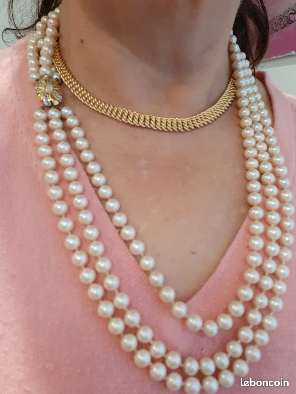Collier Vintage Double Rang Perles Blanches Et Roses - Ras Du Cou, Occasion, Style Rétro
