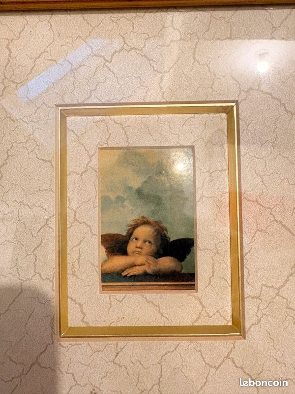 Tapisserie Française Vintage Sous Verre - Chérubins Sous Gazebo Cadre Doré