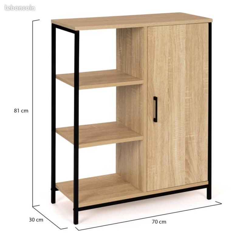 Buffet 3 Etagères et Placard Bois Métal Style Design Industriel 30P x 70l x 81H (image 2)