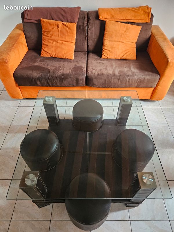 Pack canapé convertible 3 places avec table carré en verre (image 1)