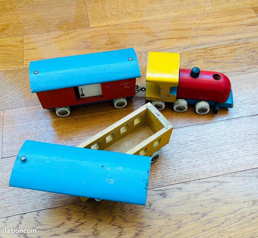 Train,locomotive et 2 wagons bois vintage 1960 (image 6)