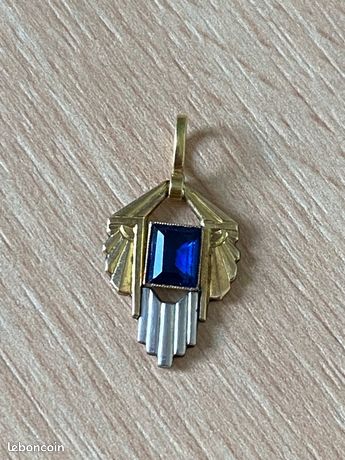Pendentif Vintage Style Art Déco - Plaqué Or - Marque ORIA - Pierre Verre Rouge - Occasion