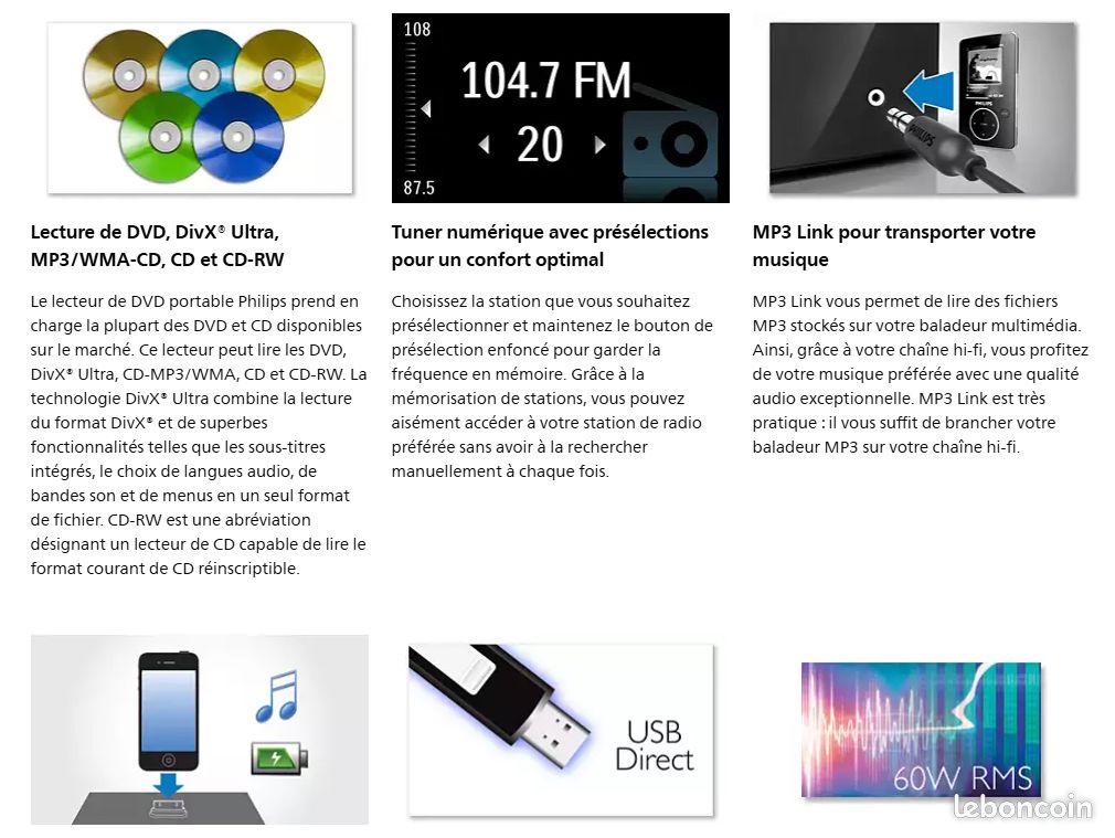 ⭐ Mini chaine hifi 2x 30w PHILIPS DCD 322 ( DCD322/12 ) Tout-en-1 compact avec Ampli / CD / DVD / Tuner / USB / Dock Apple + Paire enceintes 2 voies (image 8)