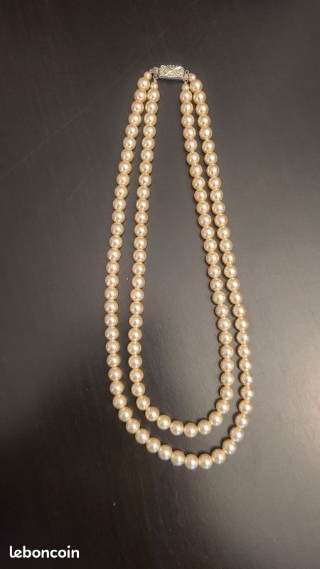 Collier Vintage Or Pâle Avec émail Et Perles Blanches - Bijou Ancien, Occasion