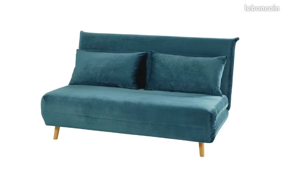 Banquette convertible 2 places velours bleu pétrole – Très bon état (image 1)