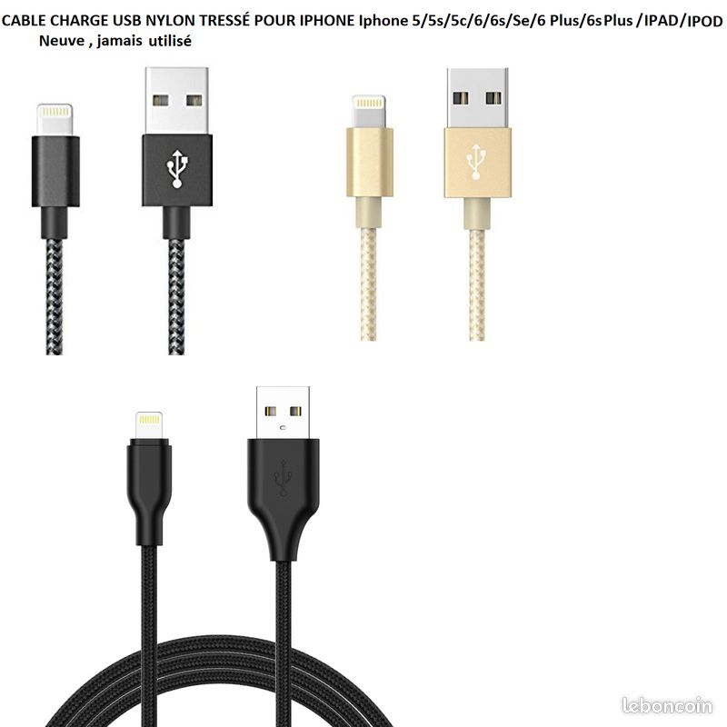 CABLE CHARGE TRESSÉ IPHONE 5/5s/5c/6/6s/ipad/ipod (image 1)