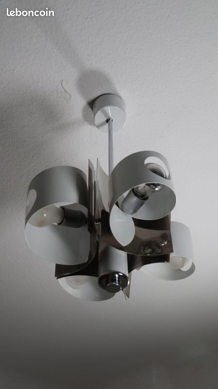 Lustre 4 Feux en Acier Laqué Blanc et Chrome - Vintage , Space Age / Rétro Futuriste , Années 70 (image 7)