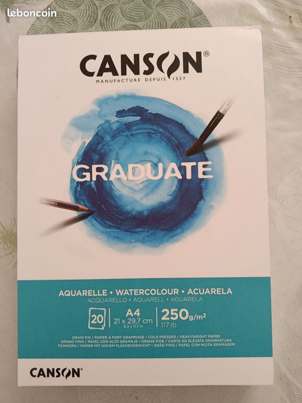 Bloc Aquarelle Canson Graduate - 20 Feuilles A4, 250g/m², Grain Fin, Fabriqué En France