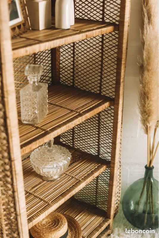 Etagères bambou et rotin vintage, bibliothèques bambou et